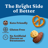 Product packaging with pretzel, cookies, and almonds on a blue background with branding text.