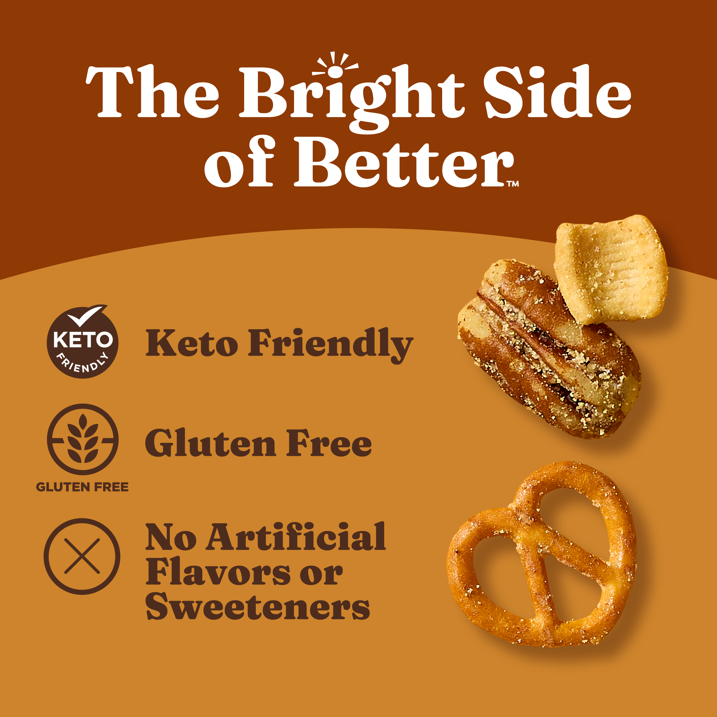 Product packaging with 'The Bright Side of Better' branding, keto friendly, gluten free, and no artificial flavors or sweeteners on a brown background.