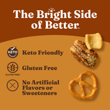 Product packaging with 'The Bright Side of Better' branding, keto friendly, gluten free, and no artificial flavors or sweeteners on a brown background.