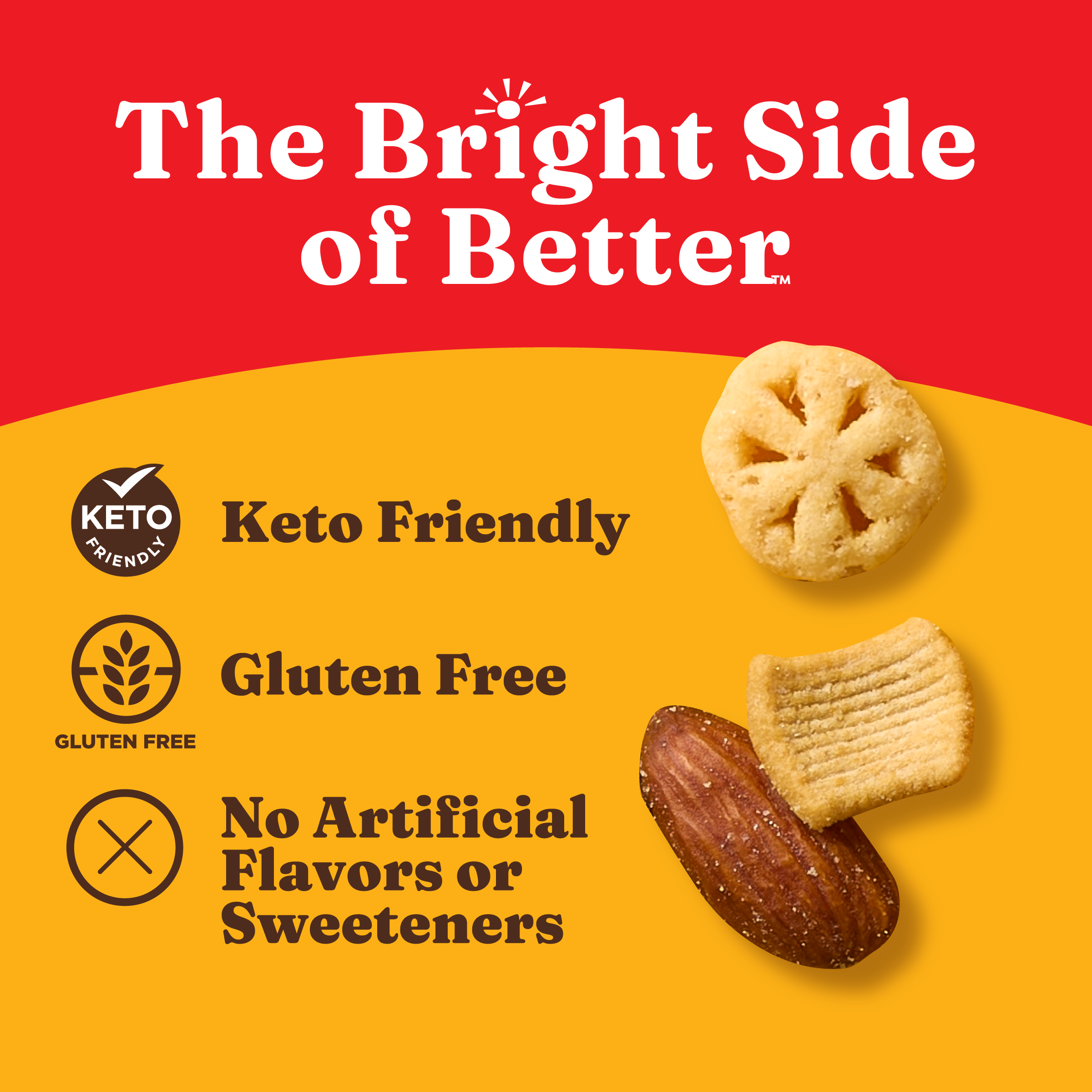 Keto-friendly snack items with branding and certification logos on a red and yellow background.