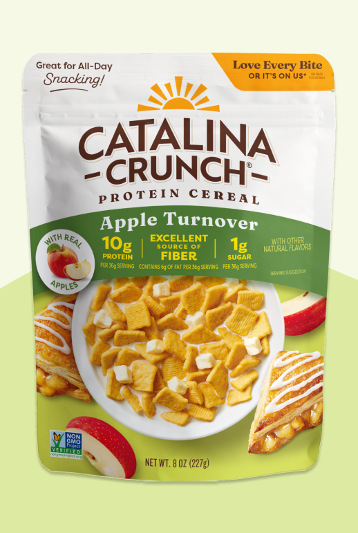Catalina Crunch Protein Cereal packaging with apple turnover flavor on a green background