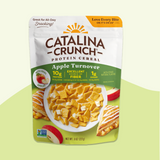 Catalina Crunch Protein Cereal package with apple turnover flavor on a green background