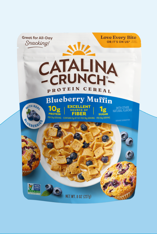 Catalina Crunch Blueberry Muffin protein cereal package on a light blue background