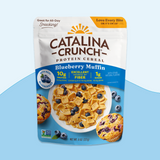Catalina Crunch Protein Cereal package with blueberry muffin flavor on a light blue background