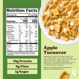 Nutrition facts label and image of Apple Turnover cereal on a green background
