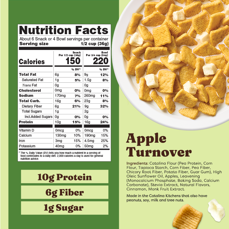 Nutrition facts label and image of Apple Turnover cereal on a green background