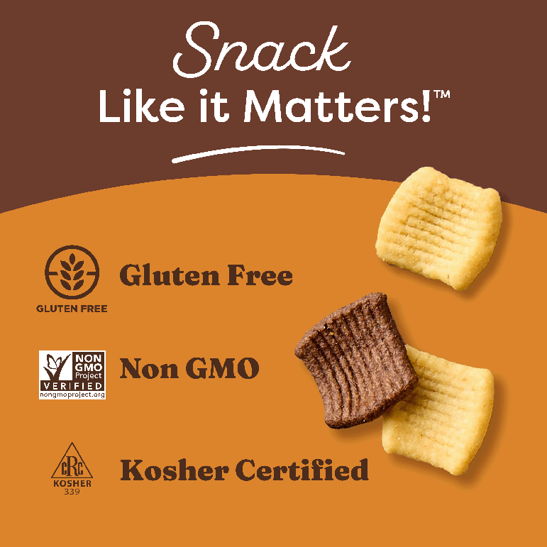 Gluten-free, non-GMO, and kosher certified Cereal on a brown background with 'Snack Like it Matters!' text.