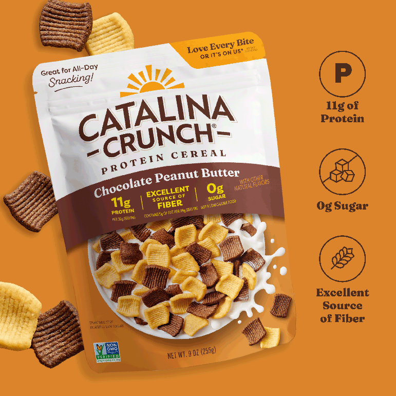 Catalina Crunch Protein Cereal package with nutritional information on an orange background
