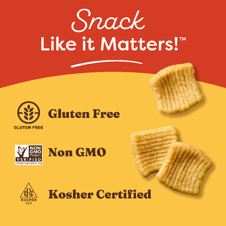 Snack packaging with 'Snack Like it Matters!' text, gluten free, non-GMO, and kosher certified logos on a red and yellow background.