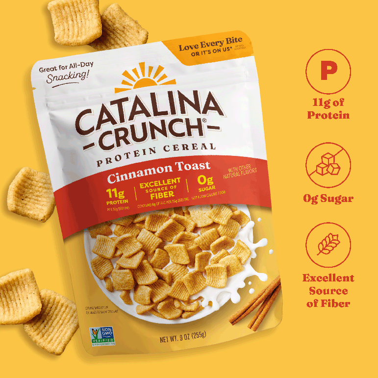 Catalina Crunch Protein Cereal package with cinnamon toast flavor on a yellow background