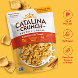 Catalina Crunch Protein Cereal package with cinnamon toast flavor on a yellow background