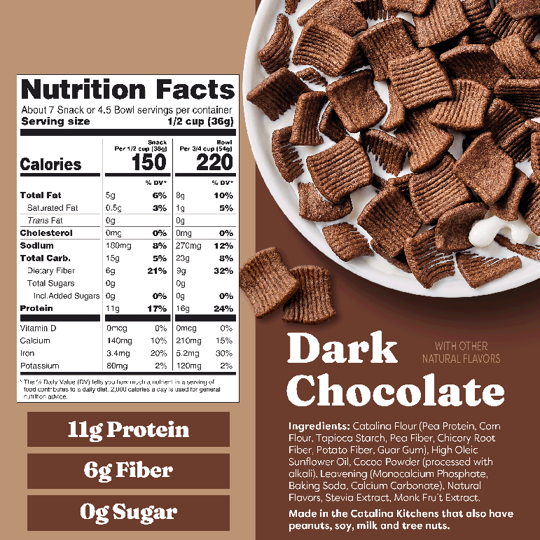 Nutrition label and dark chocolate cereal on a brown background
