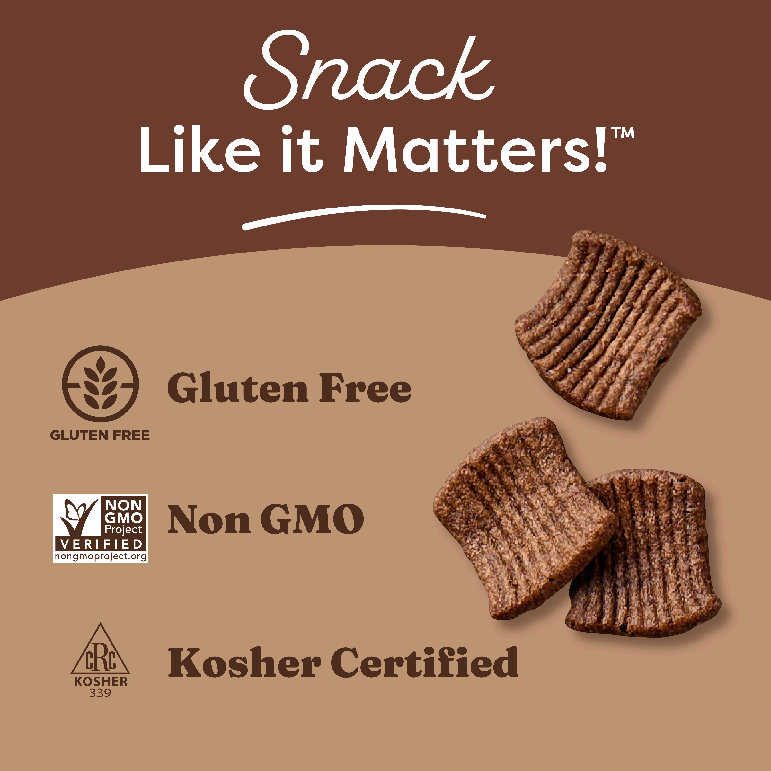 Gluten-free, non-GMO, and kosher-certified snacks on a brown background with 'Snack Like it Matters!' text