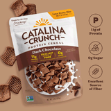 Catalina Crunch Protein Cereal package with dark chocolate flavor on a brown background