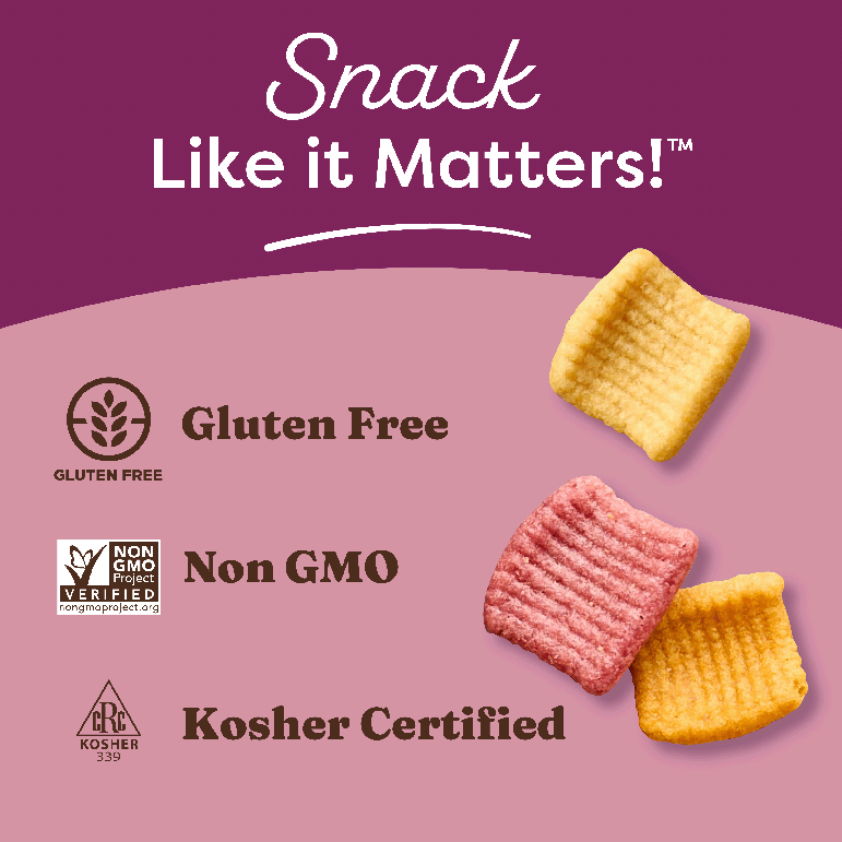 Snack packaging with 'Snack Like it Matters!' text, gluten free, non-GMO, and kosher certified logos on a purple background.