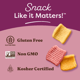 Snack packaging with 'Snack Like it Matters!' text, gluten free, non-GMO, and kosher certified logos on a purple background.