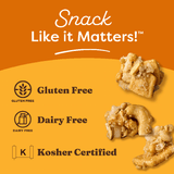 Granola benefits including gluten free, dairy free, kosher certified on orange background with "Snack Like it Matters!" at the top of graphic.