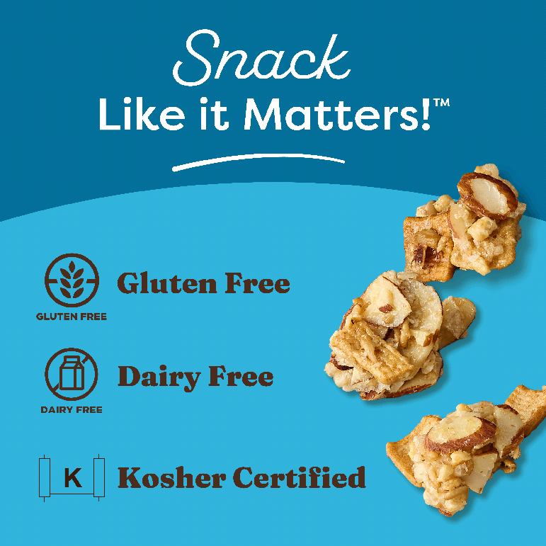 Granola benefits including gluten free, dairy free, kosher certified on blue background with "Snack Like it Matters!" at the top of graphic.