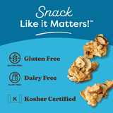Granola benefits including gluten free, dairy free, kosher certified on blue background with "Snack Like it Matters!" at the top of graphic.