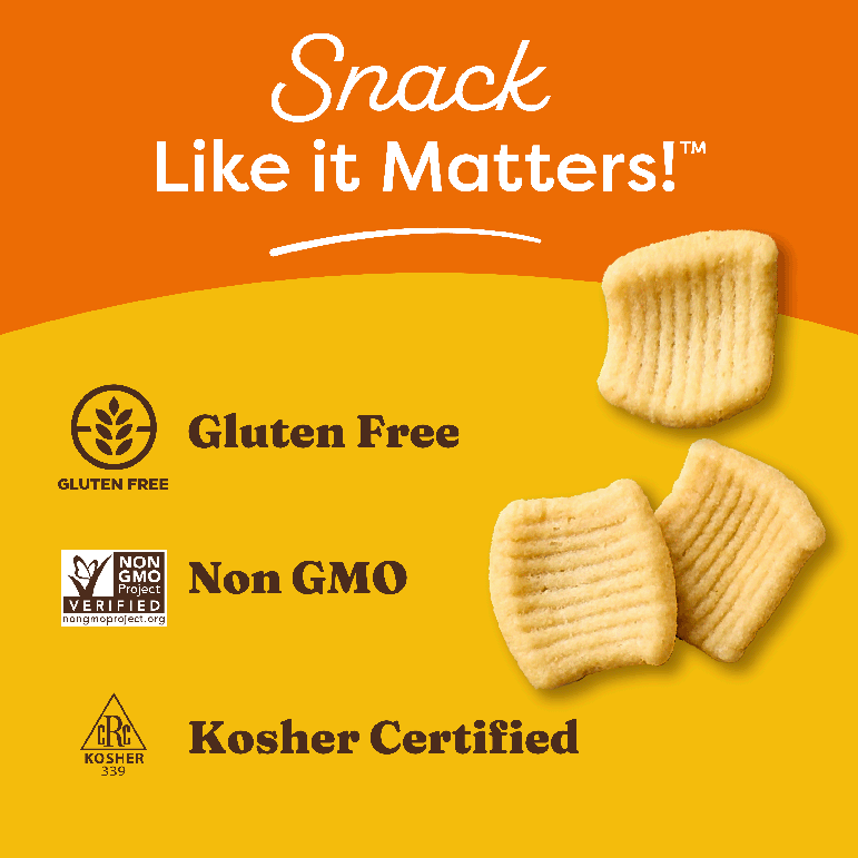 Snack with gluten-free, non-GMO, and kosher certification labels on an orange and yellow background.