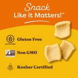 Snack with gluten-free, non-GMO, and kosher certification labels on an orange and yellow background.