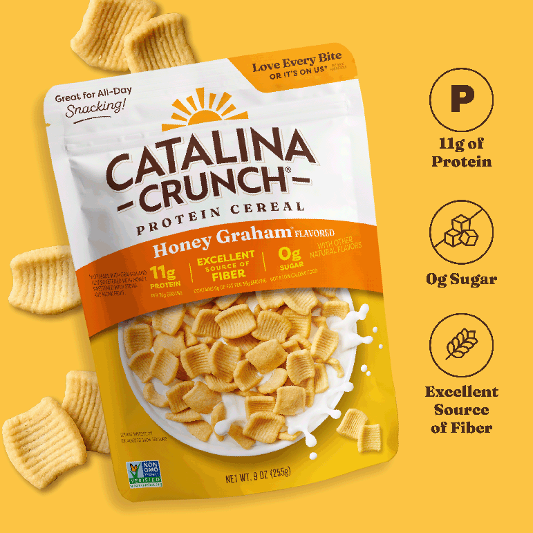 Catalina Crunch Protein Cereal package on a yellow background with nutritional information.
