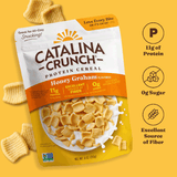 Catalina Crunch Protein Cereal package on a yellow background with nutritional information.