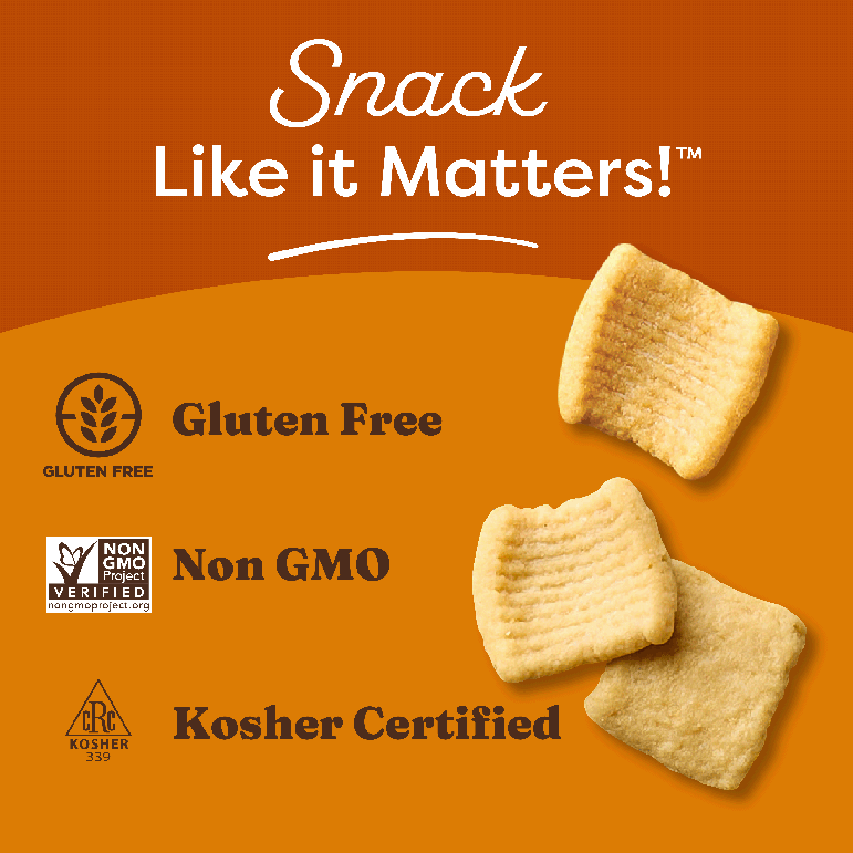 Gluten-free, non-GMO, and kosher certified cereal on an orange background with certification logos.