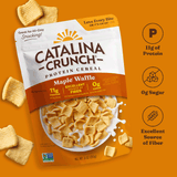 Catalina Crunch Protein Cereal package with nutritional information on an orange background