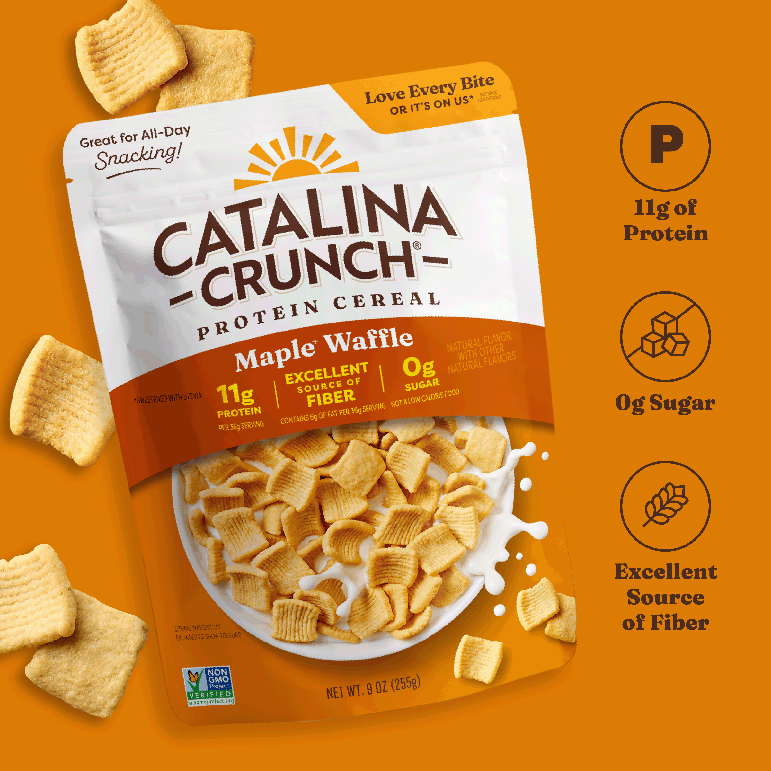 Catalina Crunch Protein Cereal package with nutritional information on an orange background