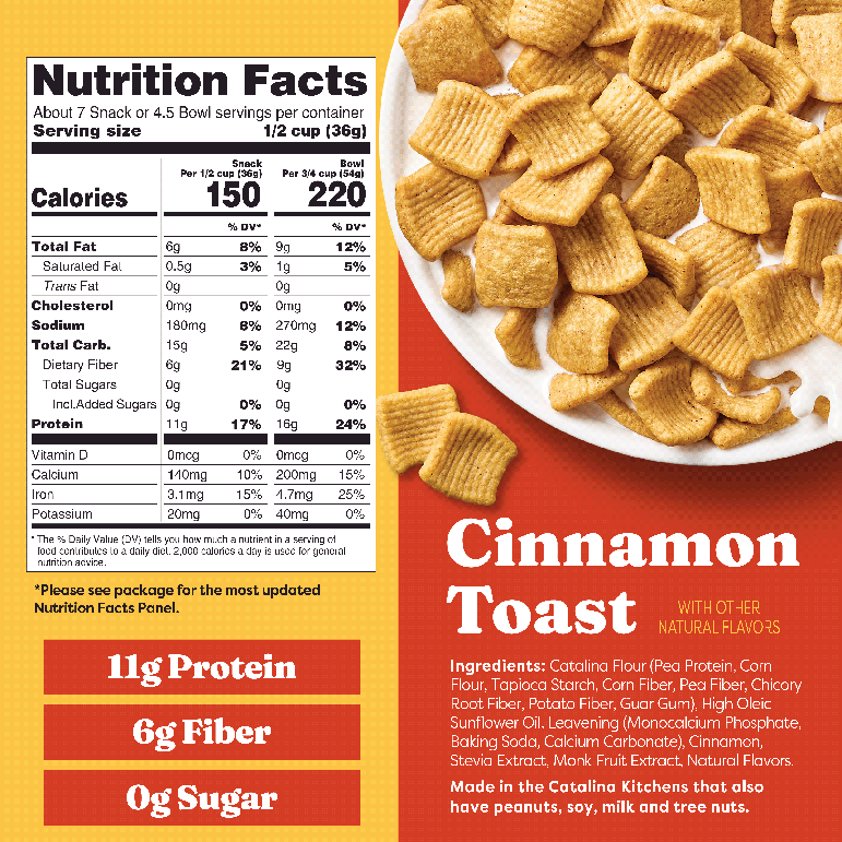 Catalina Crunch Cinnamon Toast Cereal packaging with nutrition facts and ingredients listed.