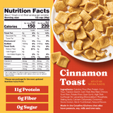 Catalina Crunch Cinnamon Toast Cereal packaging with nutrition facts and ingredients listed.