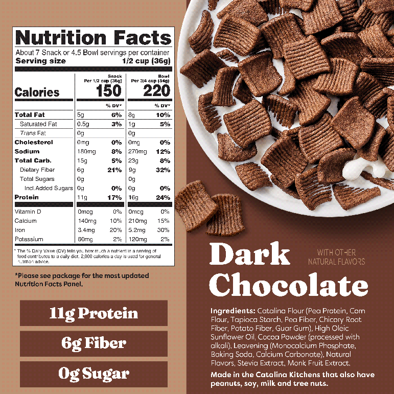 Nutrition label and dark chocolate cereal on a brown background