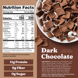 Nutrition label and dark chocolate cereal on a brown background