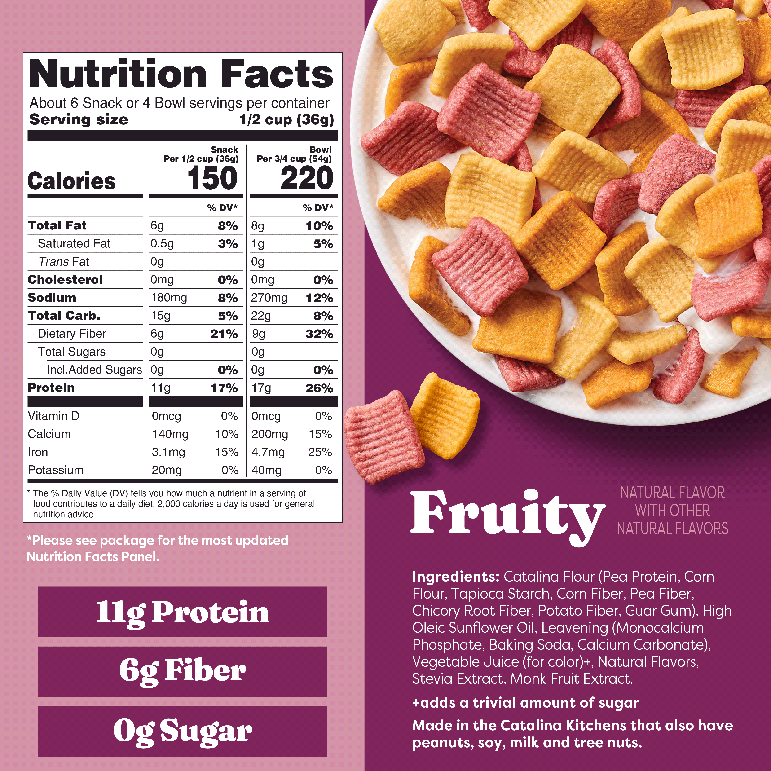 Nutrition facts label and plate of colorful snack cubes on a purple background