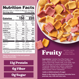 Nutrition facts label and plate of colorful snack cubes on a purple background