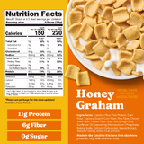 Honey Graham cereal packaging with nutrition facts and ingredients listed.