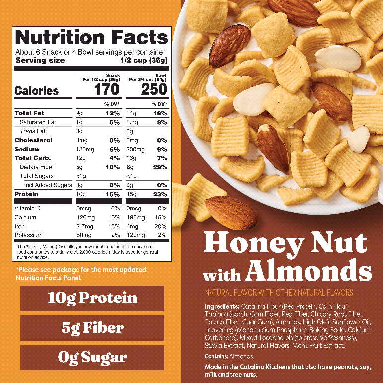 Honey Nut with Almonds Cereal packaging showing nutrition facts and ingredients.