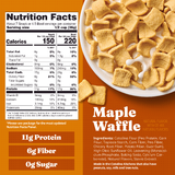 Nutrition label and bowl of maple waffle cereal with ingredients listed.