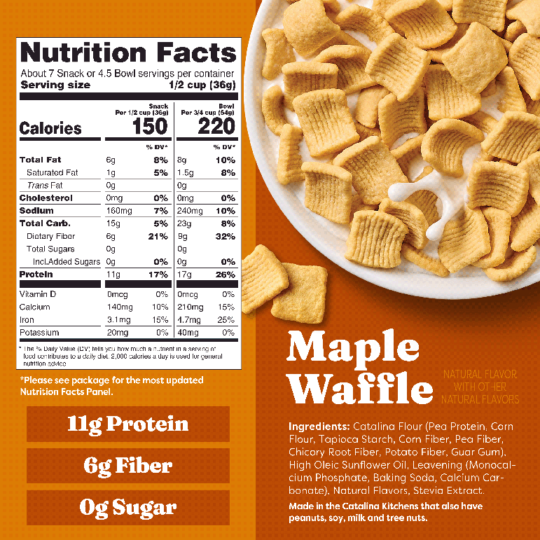 Nutrition label and bowl of maple waffle cereal with ingredients listed.