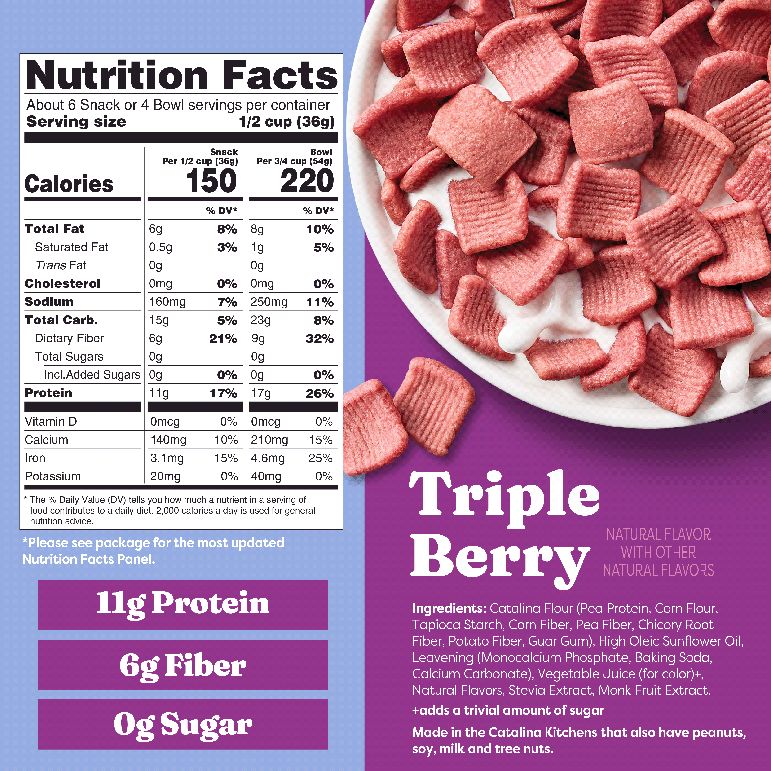 Nutrition facts label and bowl of pink cereal on a purple background