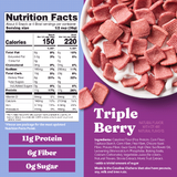 Nutrition facts label and bowl of pink cereal on a purple background