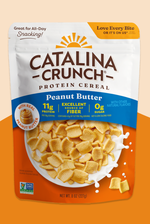 Catalina Crunch Protein Cereal packaging with a peanut butter flavor on an orange background