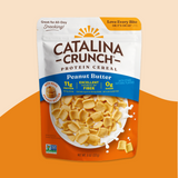 Catalina Crunch Peanut Butter Protein Cereal package on a two-tone orange background