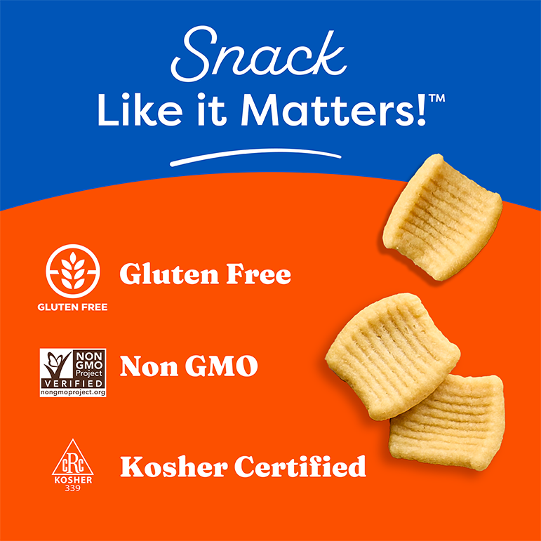 Gluten-free, non-GMO, and kosher certification labels on a blue and orange background.