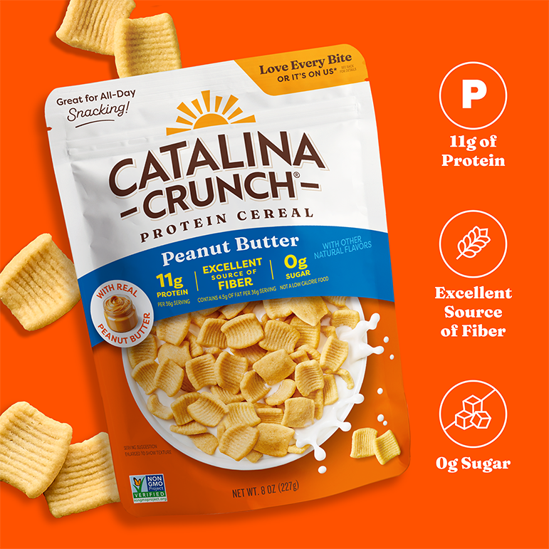 Catalina Crunch Protein Cereal package with nutritional information on an orange background