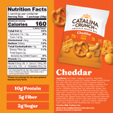 Catalina Crunch Cheddar protein snack mix packaging with nutrition facts on an orange background