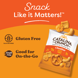 Catalina Crunch protein snack mix packaging on an orange background with branding and product details.