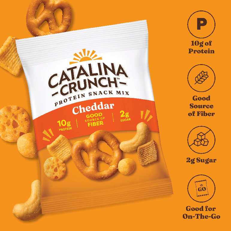 Catalina Crunch protein snack mix package on an orange background with snack items around.