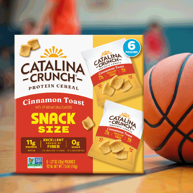 Catalina Crunch Cinnamon Toast protein cereal packaging with a basketball in the background